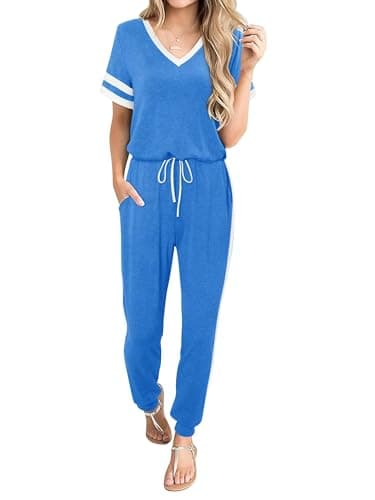 Magritta 2 Piece Outfits for Women 2026 Summer Casual Blue Lounge Jogger Sets Petite White Stripes Sleeve Top and Long Pants with Pockets S - Image 1