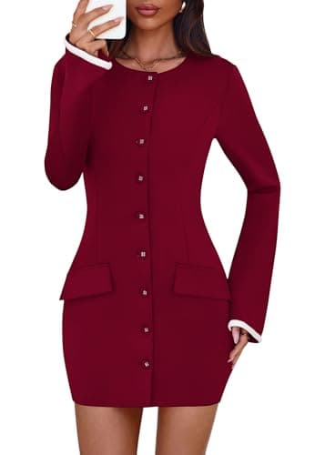 Lazysmile Women's Casual Dresses Long Sleeve Boat Neck Button Down Bodycon Mini Fall Party Club Cocktail Dresses for Women Wine Red - Image 1