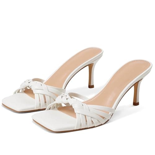Eteridrey White Kitten Heels Square Toe Heeled Sandals for Women Comfortable Low Mule Heels Cute Summer Sandals Dressy for Party Wedding - Thumbnail 4