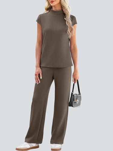 Casly Lamiit Womens Sets 2 Piece Outfits Summer Mock Neck Tops Casual Short Sleeve Travel Lounge Set Airport Beach Vacation Resort Wear Coffee M - Thumbnail 2