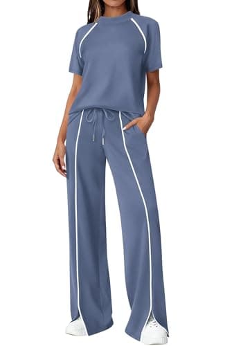 BTFBM Casual Two Piece Sets For Women Summer Outfits Solid Matching Sweatsuit Lounge Set Wide Leg Pants Workout(Grey Blue,Large) - Image 1