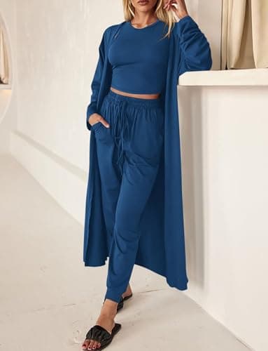 KIRUNDO 3 Piece Lounge Sets for Women Airport Travel Vacation Outfits Spring Cardigan Matching Sleeveless Top Jogger Pants(Dark Blue, Large) - Thumbnail 4