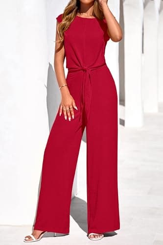 PRETTYGARDEN Women 2 Piece Lounge Sets 2026 Casual Summer Outfits Cap Sleeve Strappy Crop Tops Wide Leg Pant Tracksuit(Red,Large) - Thumbnail 2