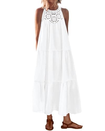 BTFBM Halter Summer Dresses for Women 2026 Casual Spring Hollow Out Sleeveless Boho Sundresses Beach Vacation Maxi Dress(White, XX-Large) - Image 1