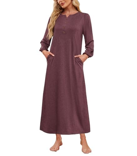 ETOSELL Womens Cotton Long Sleeve Nightgowns Soft Sleep Shirts V Neck Full Length Night Shirts Sleepwear with Pockets&Fake Buttons Burgundy - Image 1