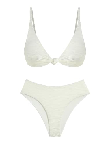 ZAFUL Two Piece White Bathing Suits for Women High Waisted V Neck Knot Front Swimsuits Cheeky High Cut Thong Bikini Set L - Image 1