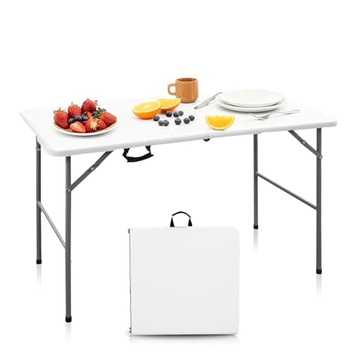 Outspurge 4ft Portable Folding Table, Indoor Outdoor Plastic Dining Table w/Handle, Fold-in-Half Utility Foldable Table for Camping, Picnic and Party, White - Image 1