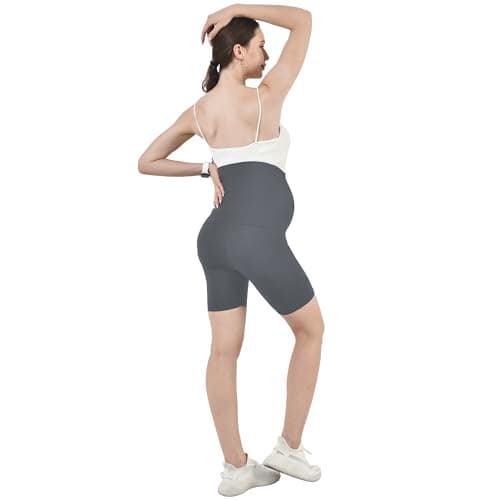 Leafigure Maternity Shorts with Pockets Over The Belly for Women, High Waisted Soft Pregnancy Yoga Pants Grey XL - Thumbnail 2