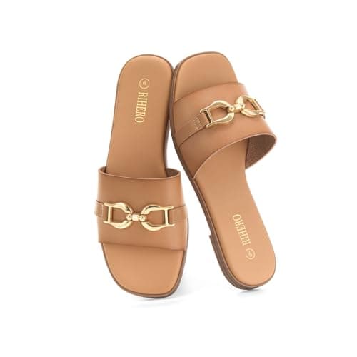 Rihero Slide Sandals Women Comfortable Flat Slides Dressy Summer Square Peep Toe Leather Wide Width Sandals Camel Size 5.5 - Thumbnail 5