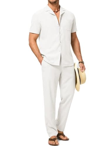 JMIERR Men Texture 2 Piece Outfit Short Sleeve Lightweight Beach Button Down Shirt Casual Pant Sets with Pocket - Image 1
