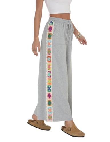Fenclushy Womens Wide Leg Pants Stretch Casual Drawstring Waist Pants Loose Lounge Sweatpants Crochet Panel Pants with Pockets(Grey,XL) - Image 1