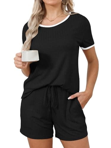 HDLTE Womens Ribbed Sleepwear Outfits Short Sleeve Top and Shorts 2 piece Lounge Set Black - Image 1