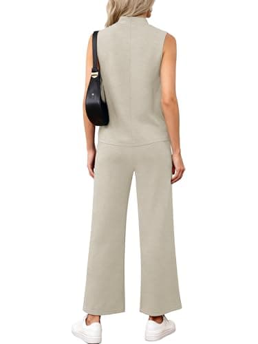 Casly Lamiit Lounge Set for Women Summer Outfits Mock Neck Tank Top Airport Matching Sets High Waisted Crop Pants Tracksuit 2025 Fashion Dressy Work Travel Clothes Beige M - Thumbnail 2