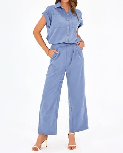 PRETTYGARDEN Womens 2 Piece sets Summer Cap Sleeve Tops Palazzo Pants Dressy Casual Vacation Travel Outfits Tracksuits(Sky Blue,Medium) - Thumbnail 4