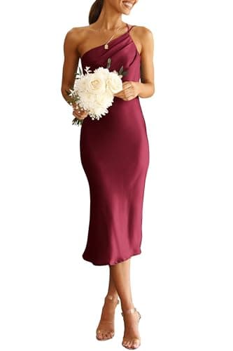 PRETTYGARDEN Women's Midi Satin Dress One Shoulder Spaghetti Strap Backless Ruched Summer Bodycon Dresses (Wine Red,Small) - Image 1