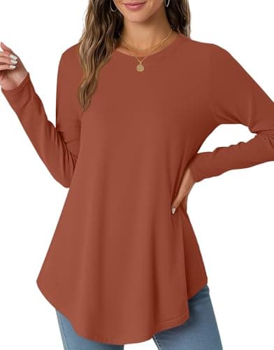 JUSTFASHIONNOW Womens Long Sleeve Tops Casual Fall Shirts Crew Neck Tees Cute Blouses Dressy Thanksgiving Tunic Tops Winter Basic T Shirts (Caramel, Small) - Thumbnail 2