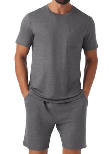 PrinStory Mens Pajamas Set Summer Pajama Sets Soft Pjs Sets 2 Piece Sleepwear with Pockets Dark Gray-M - Thumbnail 4