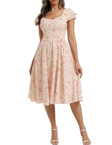 Belle Poque Women's Sweatheart Neck Ruffle Cap Sleeve Floral Dress 2026 Summer Midi Elegant Cocktail Party Dress Medium - Image 1
