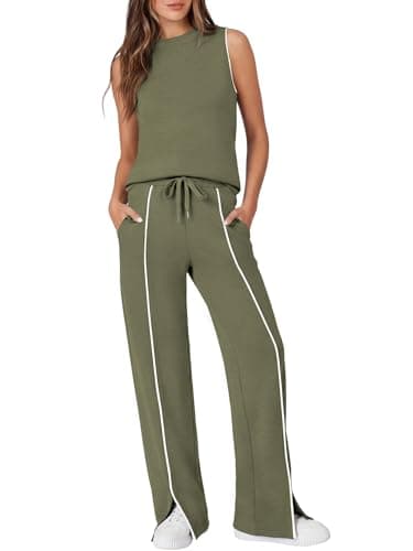 Casly Lamiit 2 Piece Lounge Set Women Summer Travel Outfits Sleeveless Tank Top Front Slit Pants Airport Vacation Clothing Sets Army Green 2XL - Image 1