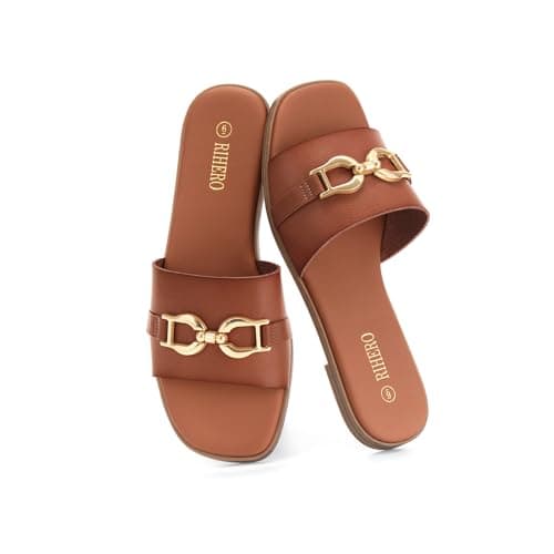 Rihero Womens Flat Sandals Fashion Square Open Toe Slides Slip On Dressy casual Slide Sandals with Metal Chain Cognac Size 9.5 - Thumbnail 6