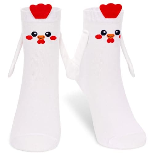 FunisFun Chicken Socks with Magnetic Holding Hands Funny Animal Crazy Socks for Women Ideal Gifts for Girls Teens (US, Alpha, One Size, Regular, Regular, White&Red) - Image 1