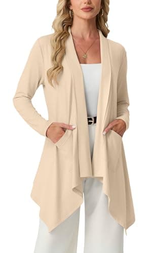 GRECERELLE Women's Apricot Lightweight Cardigan Open Front Long Sleeve Draped Asymmetric Hem Casual Soft Cardigans Cover Ups with Pockets, M - Image 1