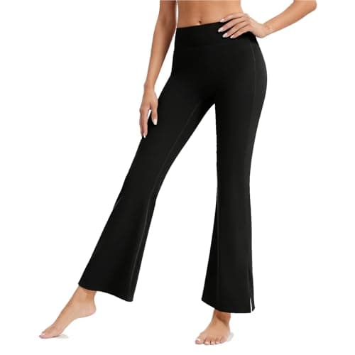 AMLEER Women's High Waist Full-Length Flare Leggings with Side Slit - Tummy Control Butt Lifting Gym Yoga Pants (Black, Small) - Image 1