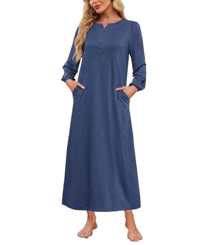 ETOSELL Womens Cotton Long Sleeve Nightgowns Soft Sleep Shirts V Neck Full Length Night Shirts Sleepwear with Pockets&Fake Buttons Dark Blue - Image 1