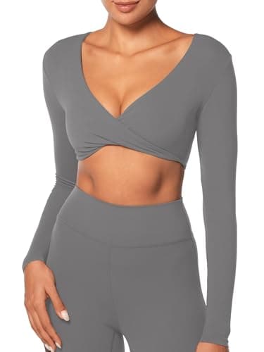 Sunzel Long Sleeve Workout Tops for Women Buttery Soft Deep V Twist Cropped Tops with Compression for Yoga Pilates Gym Outfit Charcoal Gray Medium - Image 1