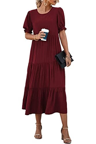 PRETTYGARDEN Summer Dresses for Women 2026 Casual Floral Boho Midi Sun Dress Puff Short Sleeve Flowy Beach Vacation Sundress (Solid Wine Red,X-Large) - Image 1