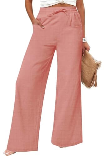 JEKAOYI Women's Casual Linen Wide Leg Pants with Pockets Boho Palazzo High Waisted Drawstring Lounge Trousers Pink - Image 1
