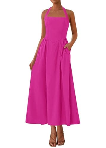 KIRUNDO Summer Dresses for Women 2026 Halter Maxi Wedding Guest Party Cocktail Semi Formal Elegant Classy Long Sundress(Rose Red, Small) - Image 1