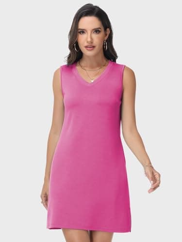 Lallabai 2026 Women Summer Dresses V-Neck Casual Split Dress Wrinkle-Free Sleeveless Beach Vacation Sundresses with Pockets Fuchsia - Thumbnail 4