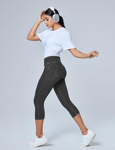 Heathyoga Capri Jeans for Women Stretchy Pull On Jeggings for Women Denim Jean Capris Pants Capri Leggings with Pockets Grey - Thumbnail 3
