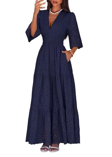 Lazysmile Long Sleeve Dresses for Women V Neck Hollow Out Eyelet Ruffle Swing A-Line Fall Vacation Boho Maxi Dress Navy - Image 1