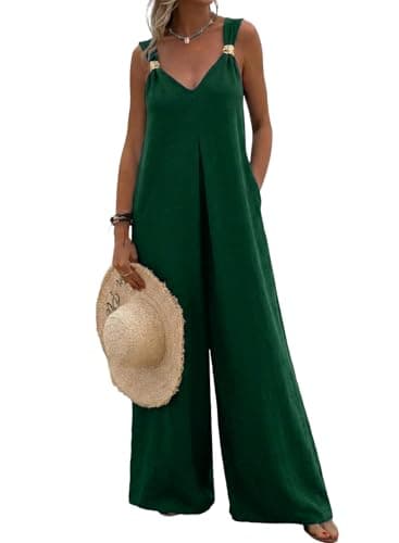 Acelitt Womens Casual 2026 One Piece Jumpsuits Dressy Fashion Fall V Neck Sleeveless Loose Wide Leg Long Pant Rompers Outfits Green Small - Image 1