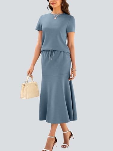 Casly Lamiit 2 Piece Outfits for Women Spring Lounge Short Sleeve Midi Skirt Sets Pockets Airport Beach Vacation Clothes Blue Grey S - Thumbnail 3