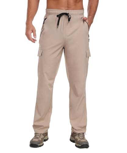 Mens Cargo Hiking Pants with 4 Pockets Waterproof Quick Dry Elastic Waist Drawstring UPF 50+ Lightweight Work Casual Travel Golf Workout Gym Khaki S - Image 1