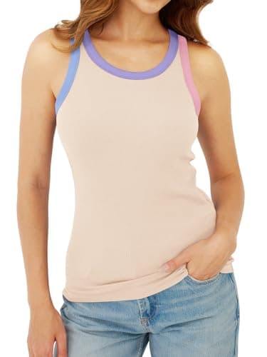 GKBK Womens Colorblock Ribbed Tank Tops Crewneck Fitted Cute Sleeveless Racerback Basic Casual Summer Cami Shirts Beige - Thumbnail 4