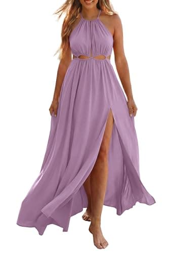 BTFBM Women Halter Summer Dresses 2026 Sleeveless Cutout Backless Sundress Slit Boho Maxi Beach Wedding Guest Dress(Purple, X-Large) - Image 1