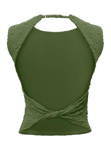 REORIA Women's Summer Sexy Open Back High Neck Sleeveless Tank Top Double Lined Y2k Lace Twist Backless Crop Tops Dark Green X-Large - Thumbnail 5