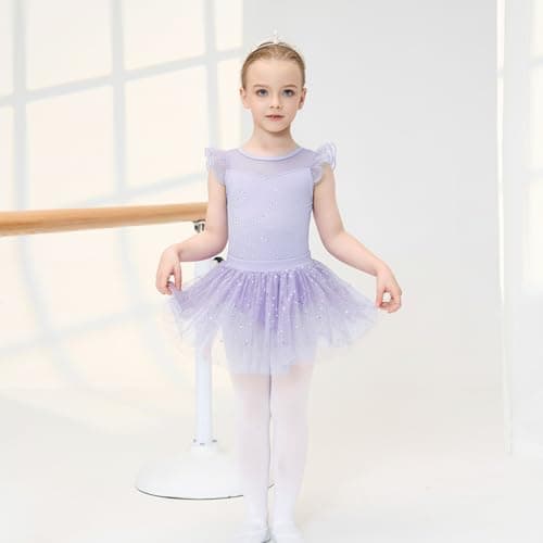 Girls Ballet Leotards 3 Pcs Set Ruffle Sleeve Dance Dress with Removable Tutu & Scrunchy Bow Back Combo Size 9-10 Purple - Thumbnail 3