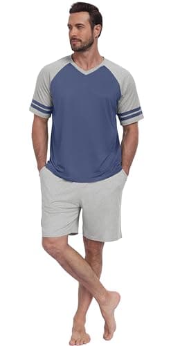 PrinStory Mens Pajamas Set Short Sleeve Lightweight and Soft Pajama Sets Summer Pjs Sets with Pockets Gray Blue Light Gray-2XL - Thumbnail 5