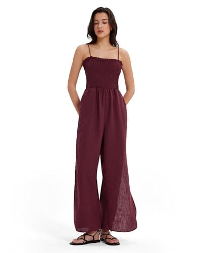 MOOSLOVER Women Linen Jumpsuits Strapless Wide Leg Palazzo Pants Romper 2026 Resort Wear Beach Vacation Outfits(S,Burgundy) - Image 1