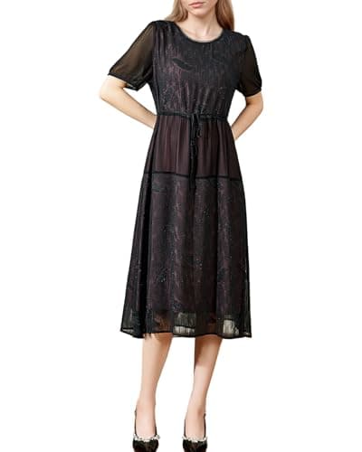 Autumn Flowerwall Womens Sundresses 2025 Casual Black Cocktail Midi Dress with Short Sleeve - Image 1