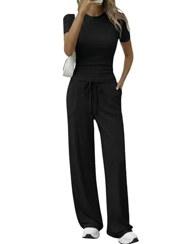 Flevita 2 Piece Set for Women Short Sleeve Slim Tee Tops and High Waisted Wide Leg Pants with Pockets Soft Lounge Sets Airport Travel Outfits Black S 31" Inseam - Image 1