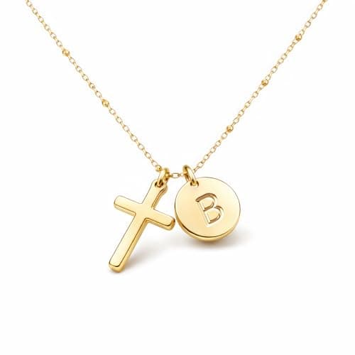 Fohufo Gold Cross Necklace for Women - Easter Basket Stuffers for Adult, Christian Gifts for Women Gold Cross Necklace, Initial Necklaces, Easter Christian Birthday Gifts, B Initial Necklaces - Image 1