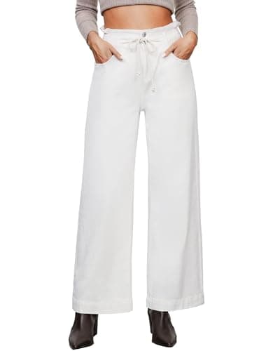 LookbookStore Womens Jeans Wide Leg High Waisted Trendy Elastic Wasit Drawstring Stretch Denim Pants Baggy Trouser Baggy Wide Leg Jeans for Women Off White Size X-Large Size 16 18 - Image 1