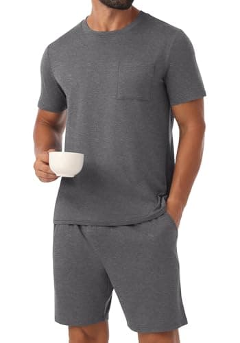 PrinStory Mens Pajamas Set Summer Pajama Sets Soft Pjs Sets 2 Piece Sleepwear with Pockets Dark Gray-M - Thumbnail 2