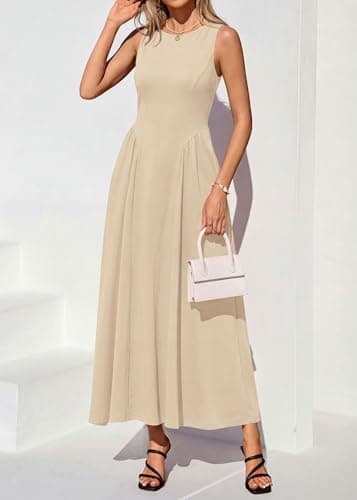 KIRUNDO Wedding Guest Dresses for Women 2026 Summer Semi Formal Work Sleeveless Elegant Boat Neck Flowy A Line Maxi Dress(Beige, Large) - Thumbnail 5